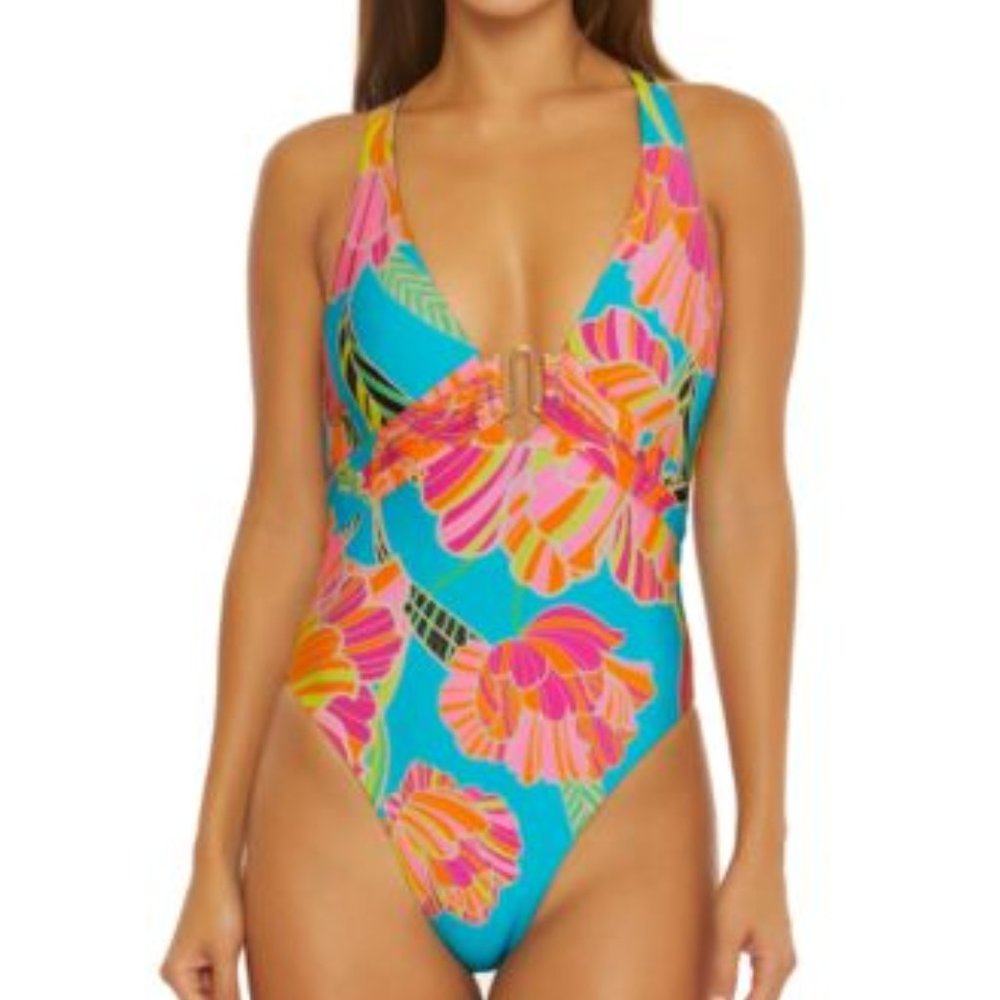 NWT Trina Turk POPPY BELTED PLUNGE ONE PIECE Blue